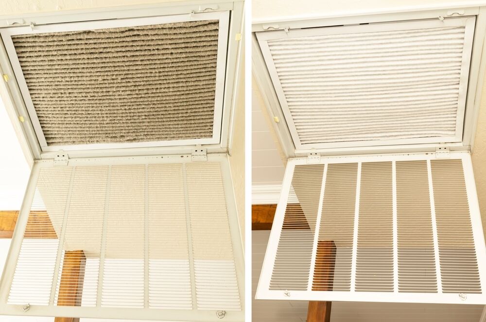 Side-by-side comparison of an air vent; left shows a dirty filter with dust buildup, right shows a clean filter.