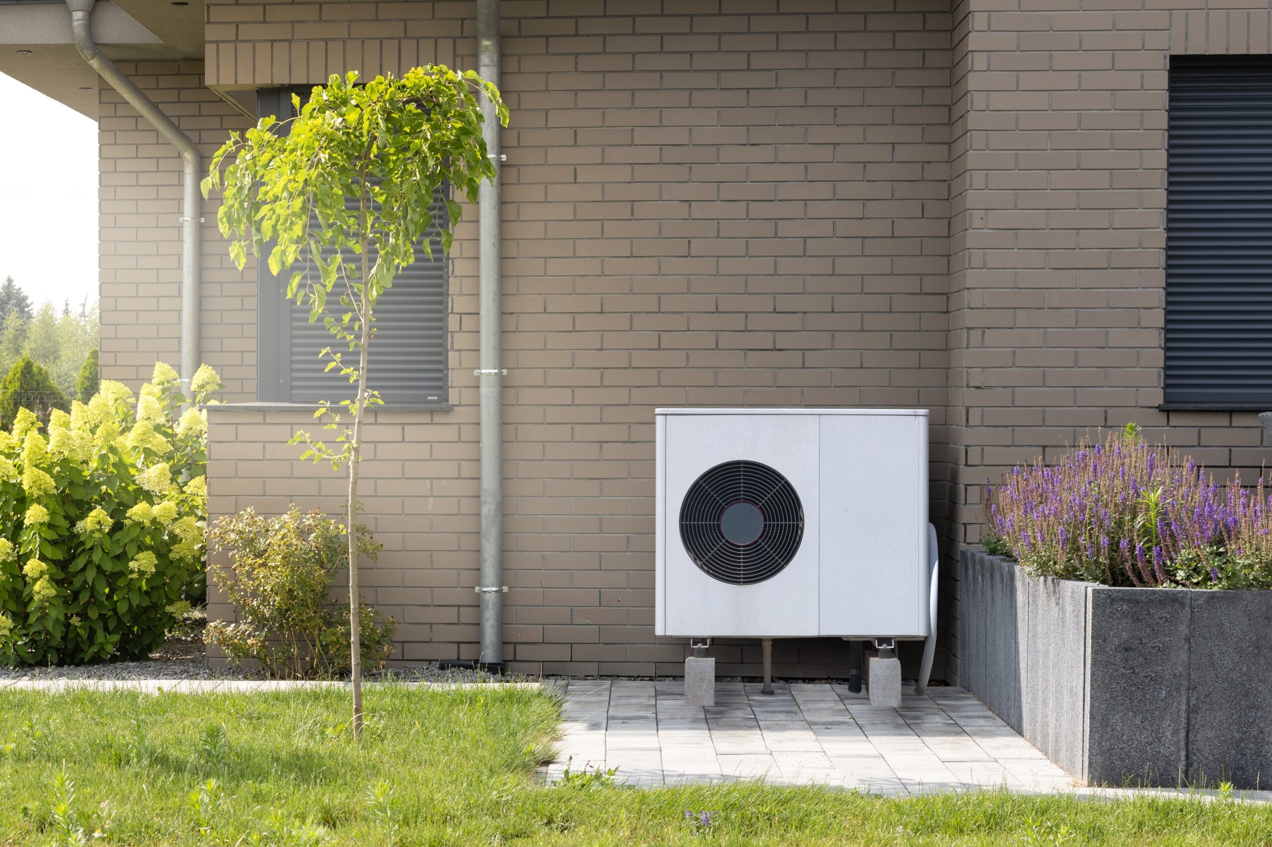 A white heat pump unit is installed against the exterior wall of a brick house, next to a small tree and a flower bed with purple flowers.