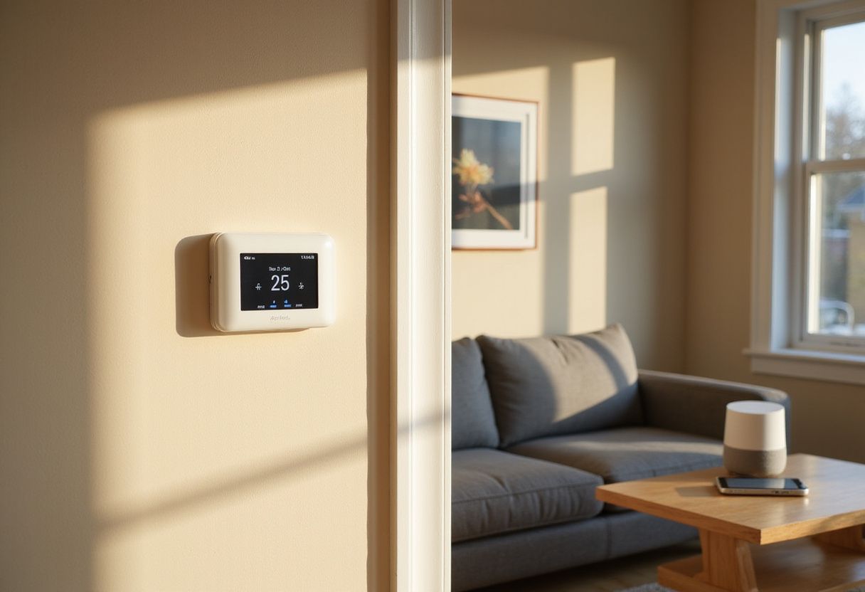 A digital thermostat set to 25°C is mounted on a beige wall in a sunlit living room with a gray sofa, coffee table, and framed picture.